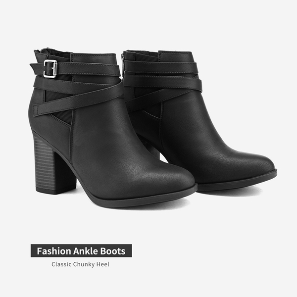 Stacked Mid Heel Chunky Ankle Booties - BLACK - 3