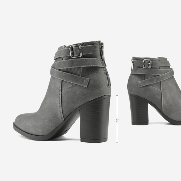 Stacked Mid Heel Chunky Ankle Booties - GREY - 1