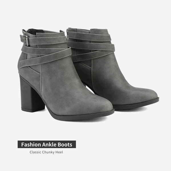Stacked Mid Heel Chunky Ankle Booties - GREY - 3