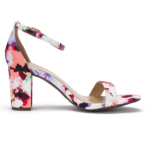 Open Toe Chunky Heel Sandals - FLORAL - 3