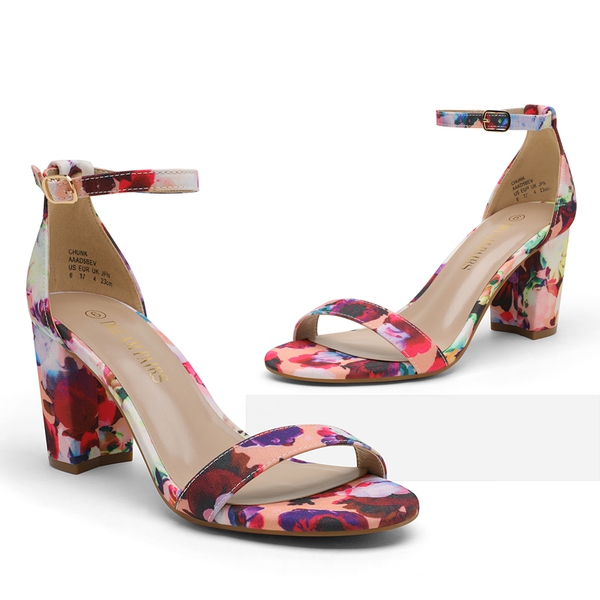 Open Toe Chunky Heel Sandals - FLORAL - 5