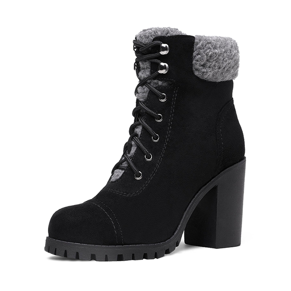Chunky Heel Warm Ankle Boots - BLACK -  0