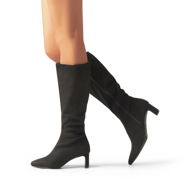 Suede Chunky Knee High Boots - BLACK - 1
