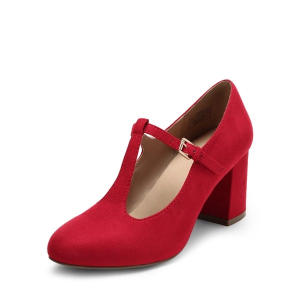 T-Strap Mary Jane Pumps with Chunky Heel - RED -  0