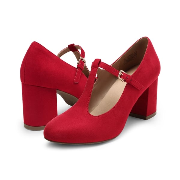 T-Strap Mary Jane Pumps with Chunky Heel - RED - 4