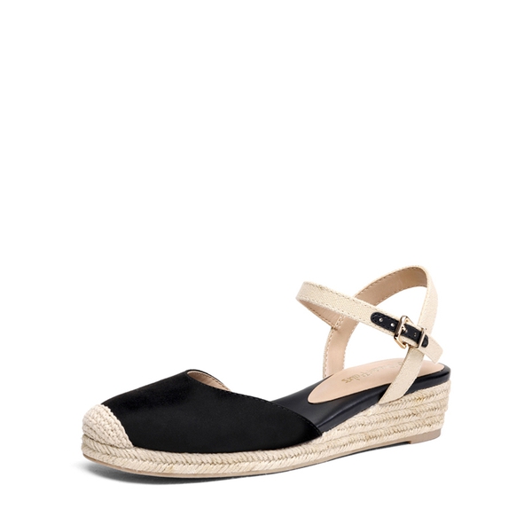 Ankle Strap Closed-Toe Espadrille Wedges - BLACK -  0