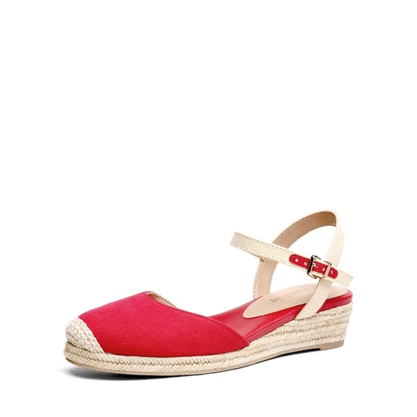 Ankle Strap Closed-Toe Espadrille Wedges - RED -  0