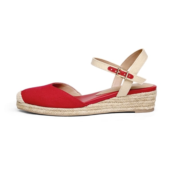 Ankle Strap Closed-Toe Espadrille Wedges - RED - 1