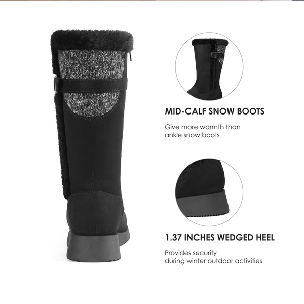 Women's Winter Fur Lined Mid Calf Snow Boots - BLACK - 4