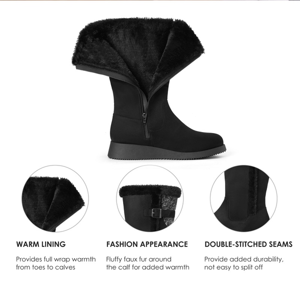 Women's Winter Fur Lined Mid Calf Snow Boots - BLACK - 5