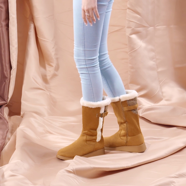 Women's Winter Fur Lined Mid Calf Snow Boots - CAMEL - 1