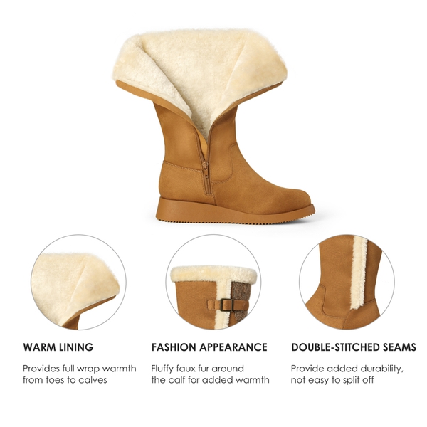 Women's Winter Fur Lined Mid Calf Snow Boots - CAMEL - 5