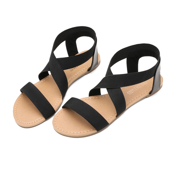 Elastic Ankle Strap Flat Sandals - BLACK - 2