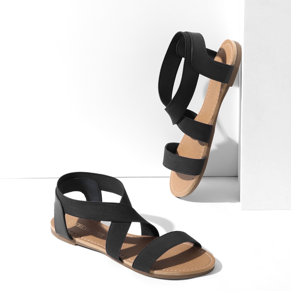 Elastic Ankle Strap Flat Sandals - BLACK - 3