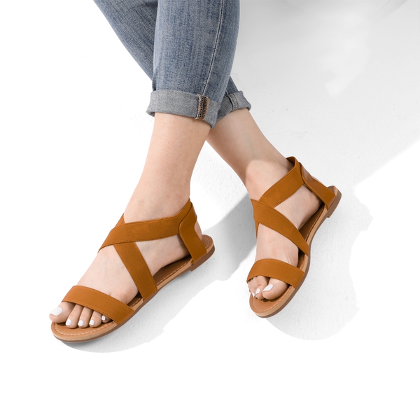 Elastic Ankle Strap Flat Sandals - TAN - 4