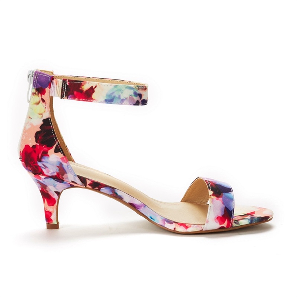 Ankle Strap Open Toe Kitten Heel Sandals - FLORAL - 2