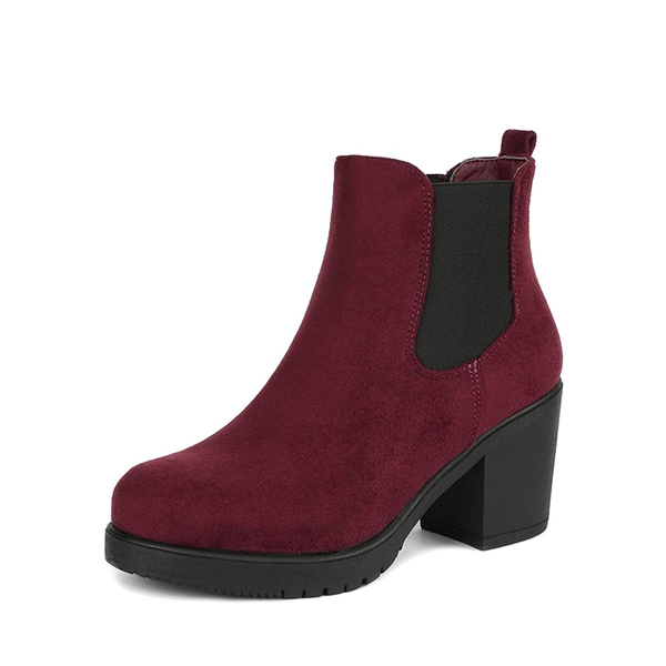 Chunky High Heel Chelsea Ankle Boots - BURGUNDY -  0