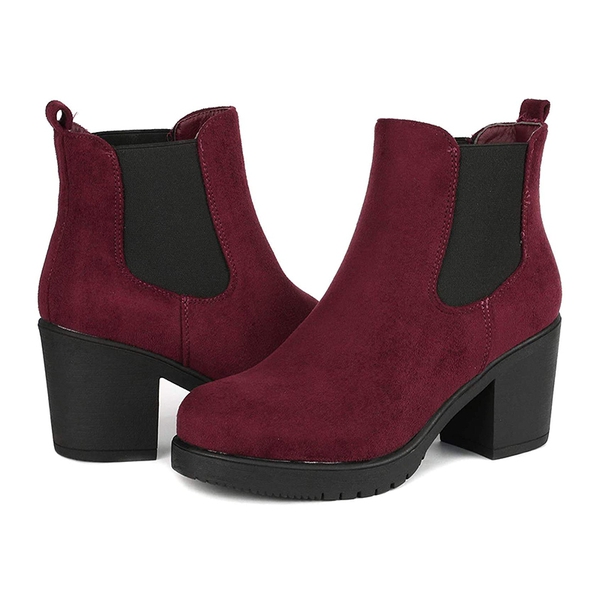 Chunky High Heel Chelsea Ankle Boots - BURGUNDY - 4