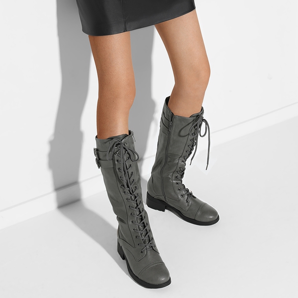 Grey lace up knee high boots shop