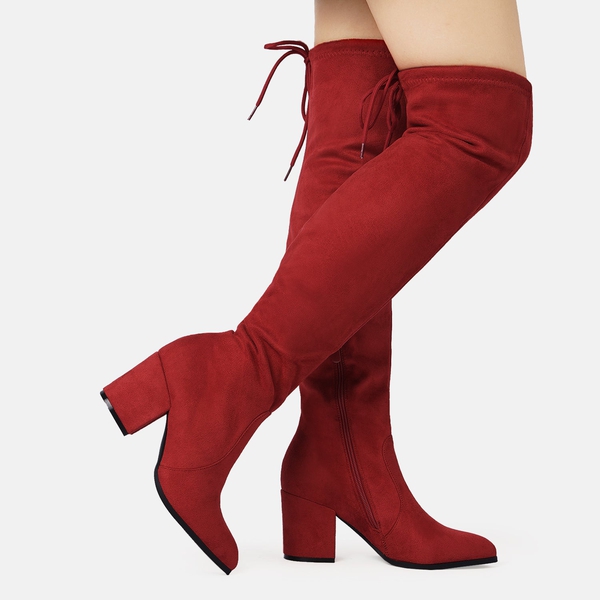Over the knee Block Heel Boots - RED - 1