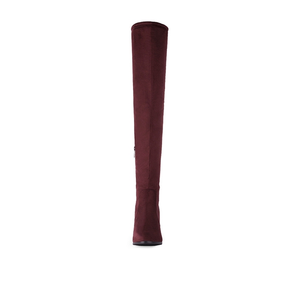 Block Heel Over The Knee Boots - BURGUNDY - 2