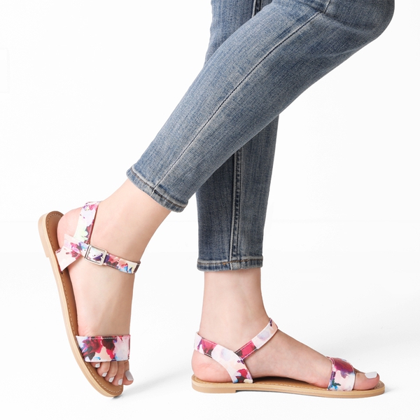 Ankle Strap Open Toe Flat Sandals - FLORAL - 1