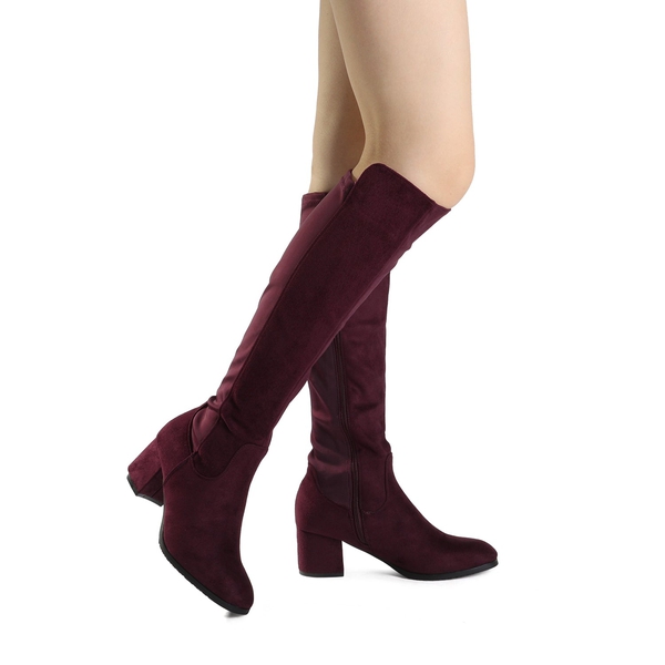 Chunky Knee High Stretch Boots - BURGUNDY - 2