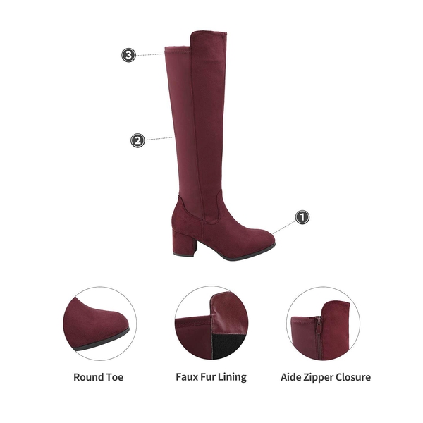 Chunky Knee High Stretch Boots - BURGUNDY - 3