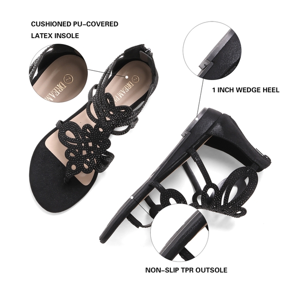 Gladiator Rhinestones Flat Sandals - BLACK - 2