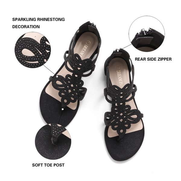 Gladiator Rhinestones Flat Sandals - BLACK - 3