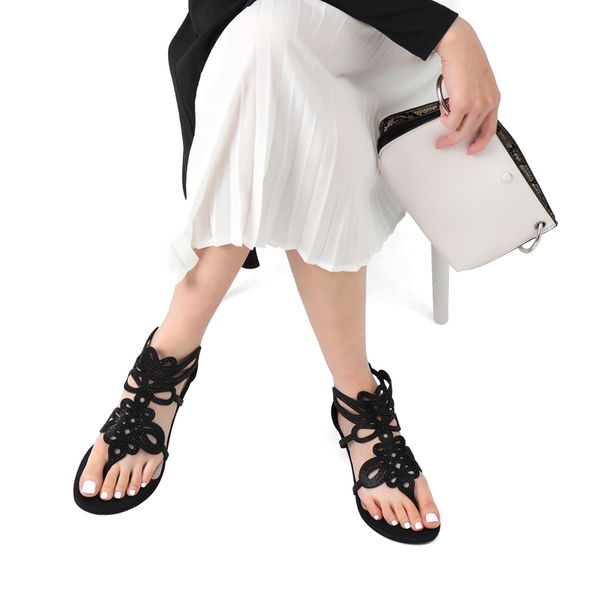 Gladiator Rhinestones Flat Sandals - BLACK - 4