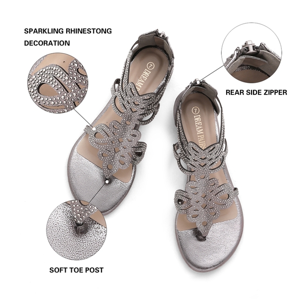 Gladiator Rhinestones Flat Sandals - PEWTER - 3