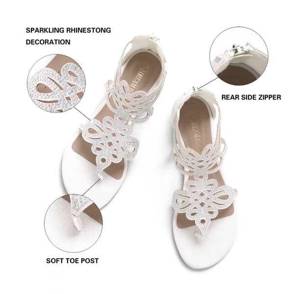 Gladiator Rhinestones Flat Sandals - WHITE - 3