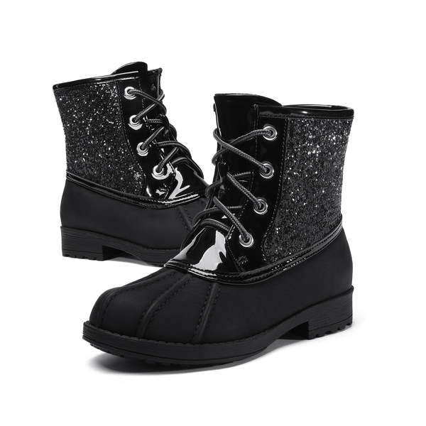 Girls Side Zipper Leather Glitter Boots - BLACK - 4