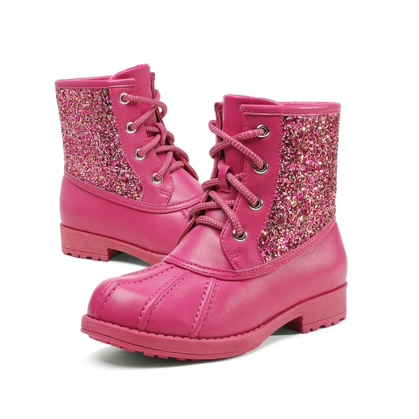 Girls Side Zipper Leather Glitter Boots - FUCHSIA - 4