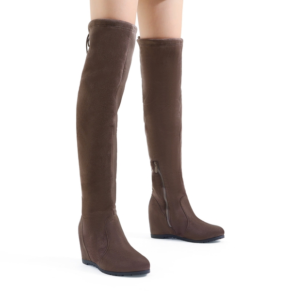 Thigh High Wedges Boots - BROWN - 3