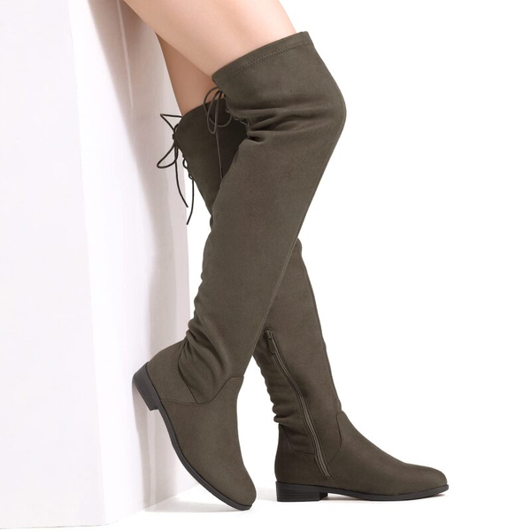 Block Heel Over The Knee High Boots - KHAKI - 1