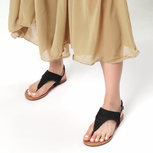 Cut Out Rhinestone Flat Sandals - BLACK - 1