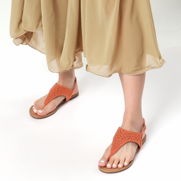 Cut Out Rhinestone Flat Sandals - ORANGE - 1