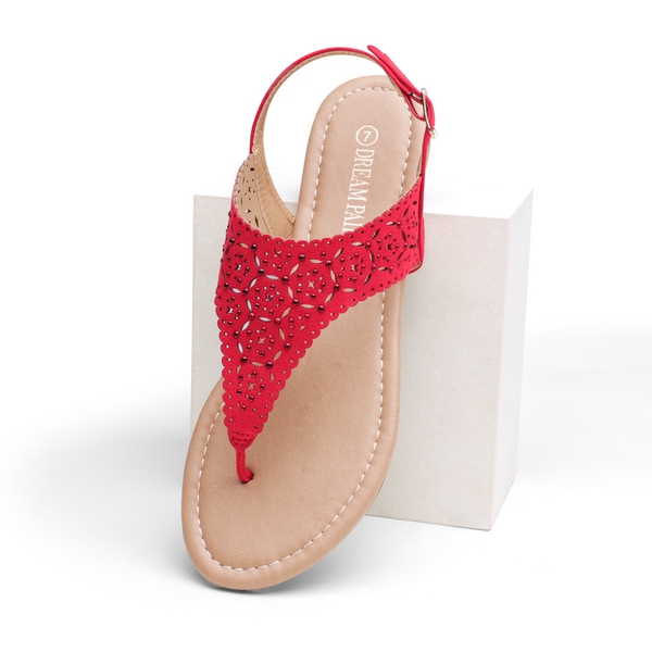 Cut Out Rhinestone Flat Sandals - RED - 2