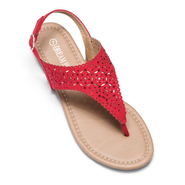 Cut Out Rhinestone Flat Sandals - RED - 3