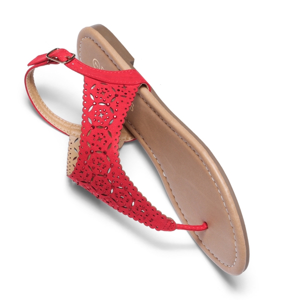 Cut Out Rhinestone Flat Sandals - RED - 4