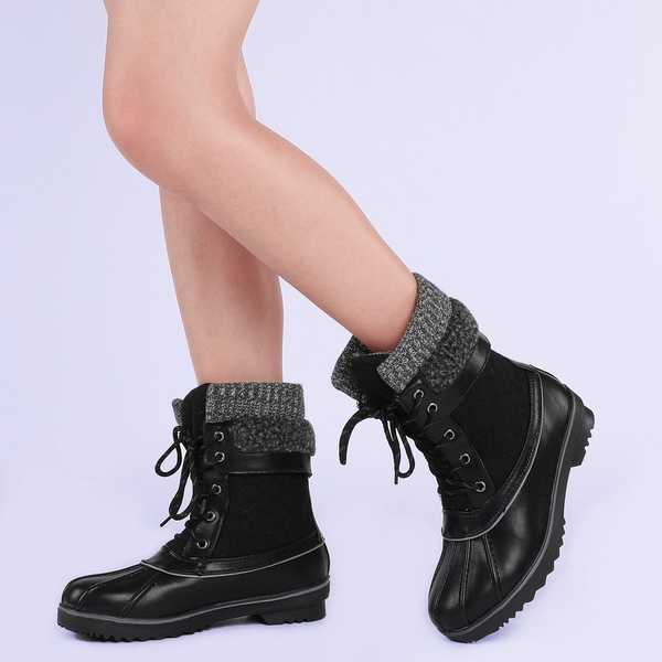 Mid Calf Lace Up Snow Boots - BLACK - 1