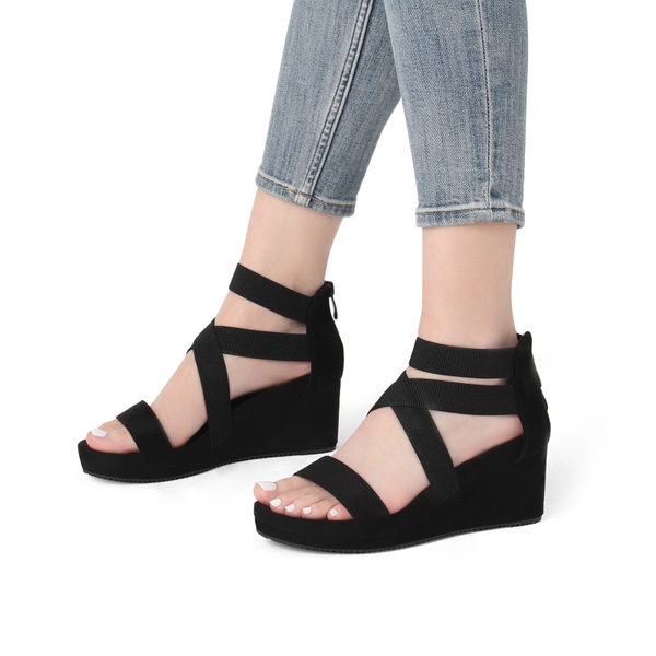 Platform Elastic Wedge Sandals - BLACK - 4