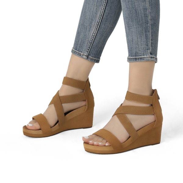 Platform Elastic Wedge Sandals - CAMEL - 4