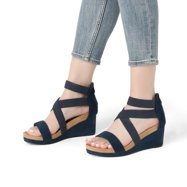 Platform Elastic Wedge Sandals - NAVY - 1