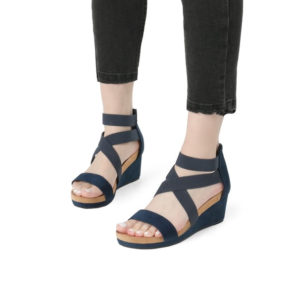 Platform Elastic Wedge Sandals - NAVY - 4
