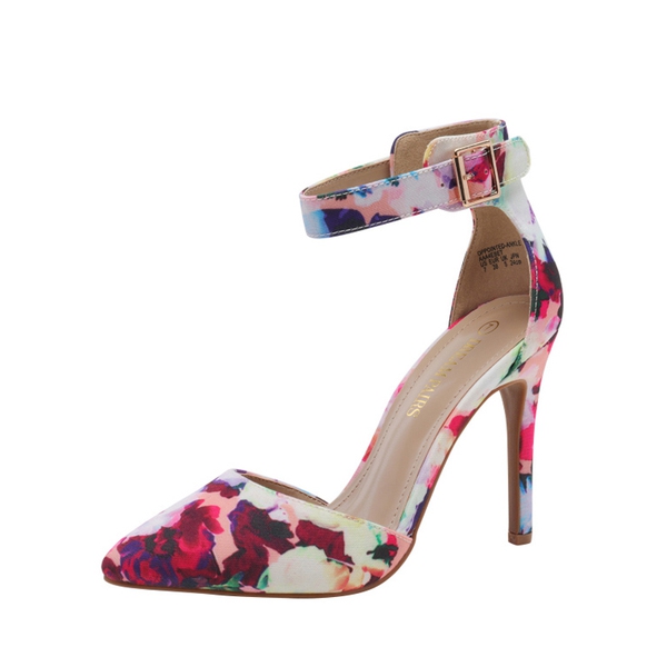 Pointed Toe Ankle Strap Stiletto Pumps - FLORAL -  0