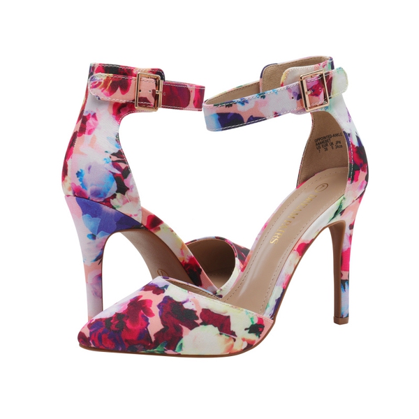 Pointed Toe Ankle Strap Stiletto Pumps - FLORAL - 4