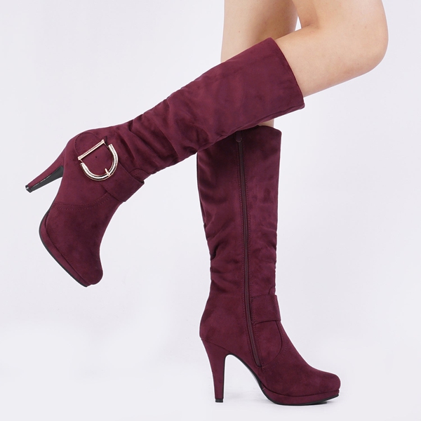 Women's Winter High Heel Knee High Boots - BURGUNDY - 1